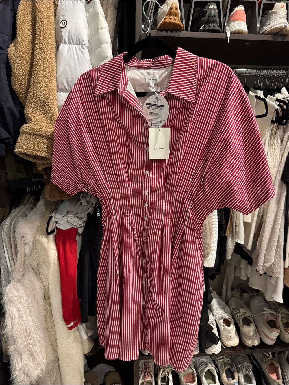 Button-Front Red & White Striped Shirt Dress